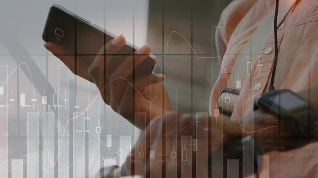 Animation of statistical data processing over mid section of a man with bicycle using a smartphone