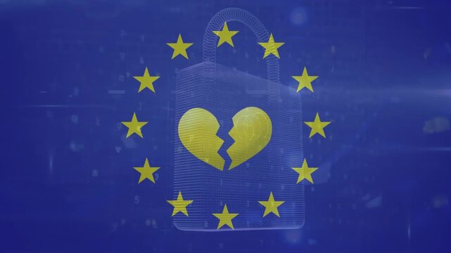 Animation of yellow heart, padlock, data processing and flag of eu