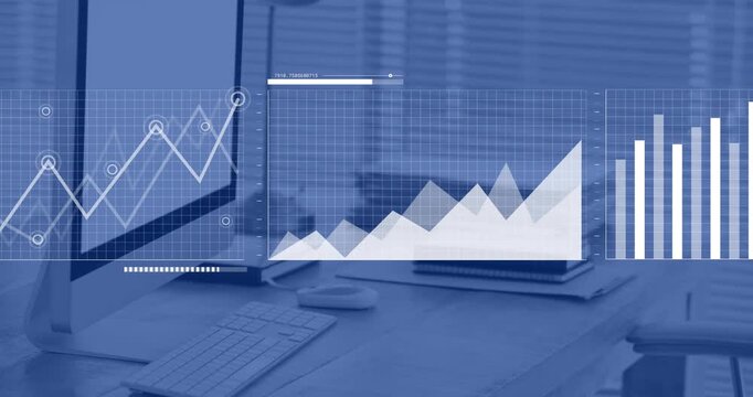 Animation of financial data processing against empty office