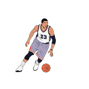 Basketball Player Dribbling Ball, Athletic Man with Number 23 Jersey, Dynamic Sports Illustration