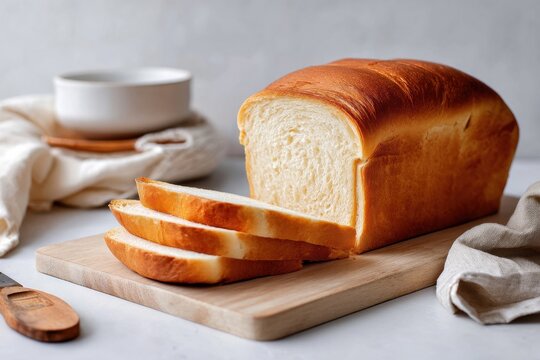 A minimalist display of a pain de mie loaf sliced, with a single slice leaning against the rest