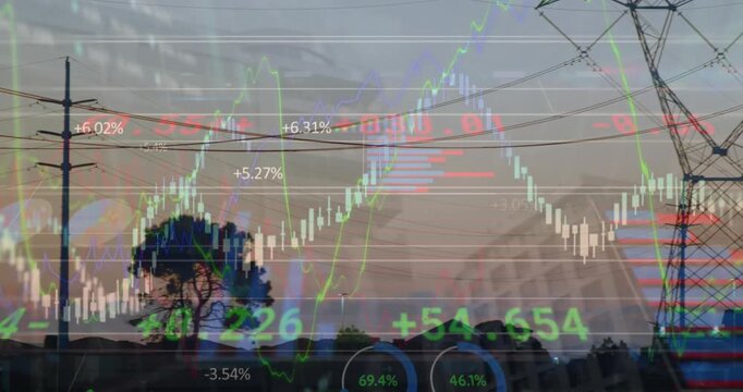 Animation of financial data processing over network towers against sunset sky