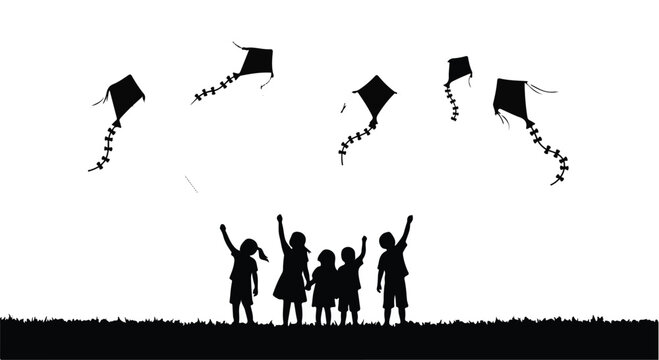 Children play together by flying colorful kites in a wide open green field.