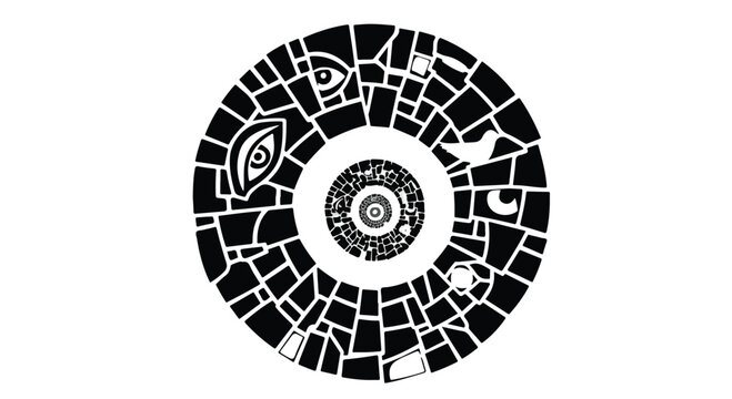 Mosaic circle features intricate geometric patterns and symbolic eye illustrations.