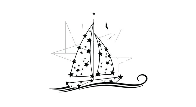 Sailboat decorated with star patterns floats across a stylized ocean wave graphic.