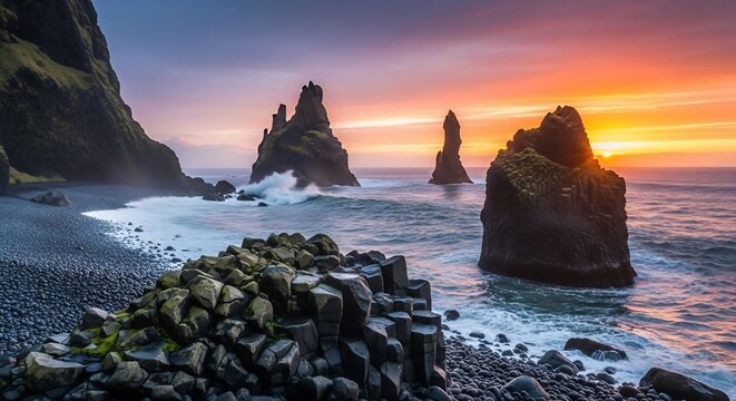 Dramatic coastal landscape with rock formations under a vibrant sunset sky