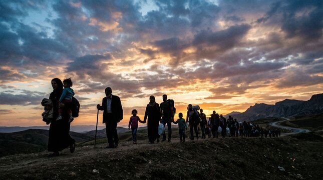 Distant Journey Across Rugged Terrain Under a Dramatic Sunset Sky