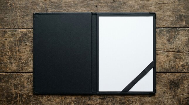 Elegant black portfolio open to a blank white page on a rustic wooden table background