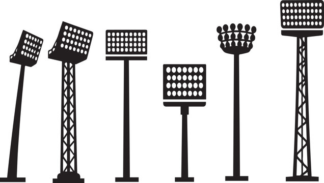 Spotlight tower silhouettes on transparent background vector icon set