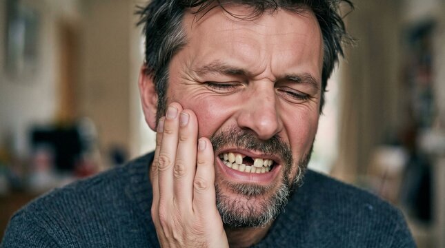 Man grimaces in pain holding his jaw with a missing tooth showing dental distress