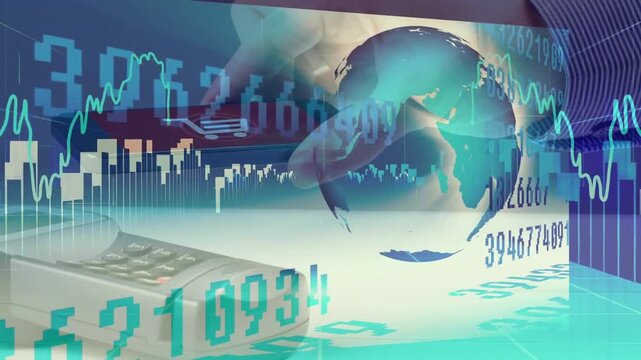 Animation of financial data processing and globe over payment terminal