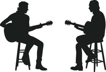 Guitar player silhouettes set featuring musicians sitting on stool playing acoustic guitar music performance duet artistic illustration concept © Md