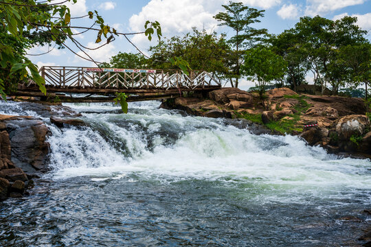 Bujagali Falls rapids and footbridge near Jinja