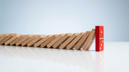 Fototapeta premium Single red domino stops the cascade of wooden dominoes from falling