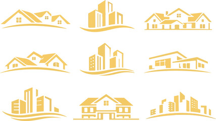 Obraz premium Golden house and building silhouettes on transparent background vector icon set