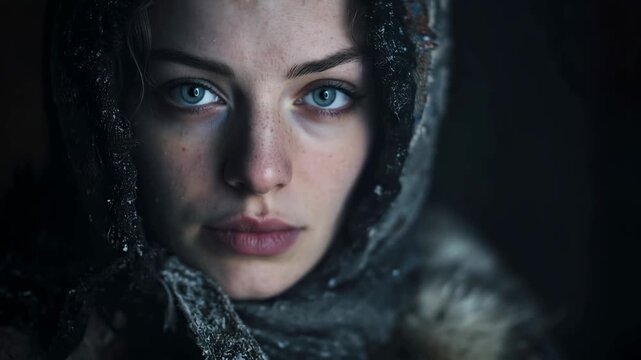 Historic concept. A woman with shawl in cosy dark room. 