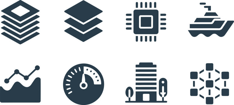 Set of dark icons featuring digital processors building architecture marine transport data charts and performance gauges