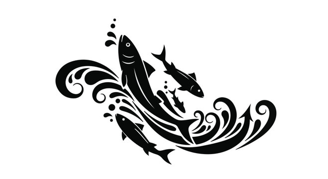 Fish swimming in water currents are depicted in a stylized black graphic design.