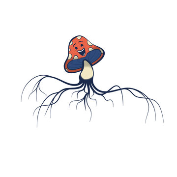 Retro Cartoon Mushroom Character with Spreading Mycelium Roots &mdash; Groovy Nature Vector