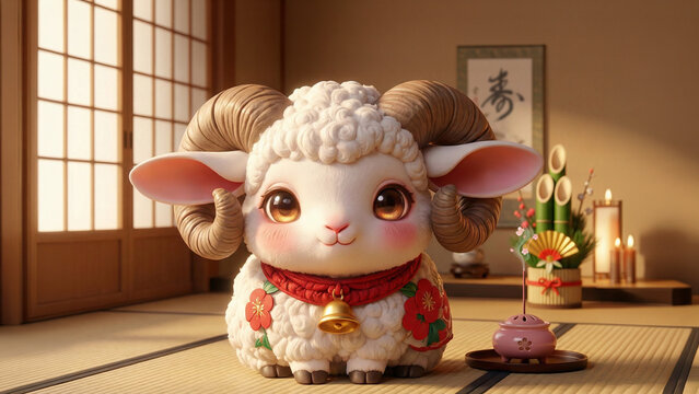 Cute zodiac sheep figurine with oriental New Year decorations, front view close-up, 3D rendering