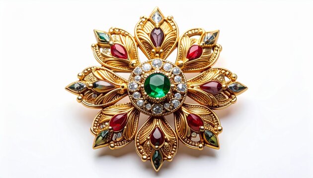 Exquisite Gold Brooch with Emerald and Pearl Centerpiece, Vintage Jewelry.