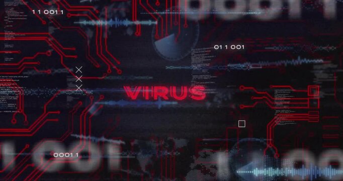 VIRUS title emerging from scan glitch, pulsing with red traces and blue waves signaling breach