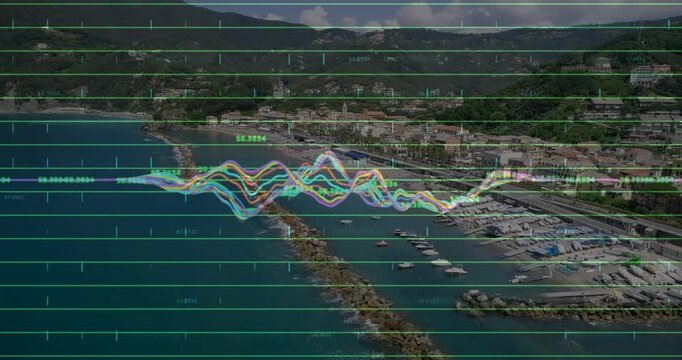 Sequence starting, multicolor waveform overlay rising and pulsing over marine grid, tagging peaks
