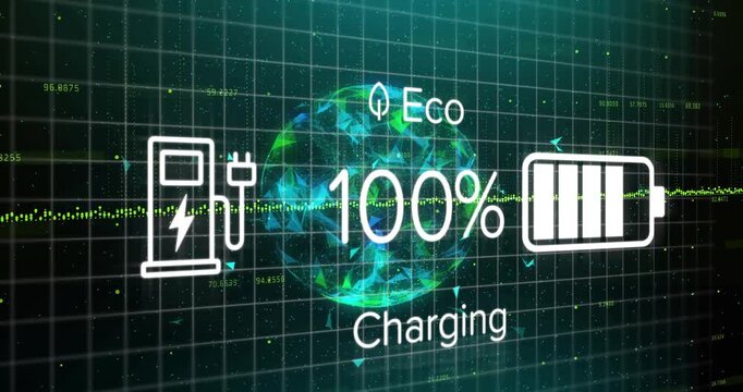 Animated charging overlay starting at 9% cycling to 100% dropping, showing battery globe for energy