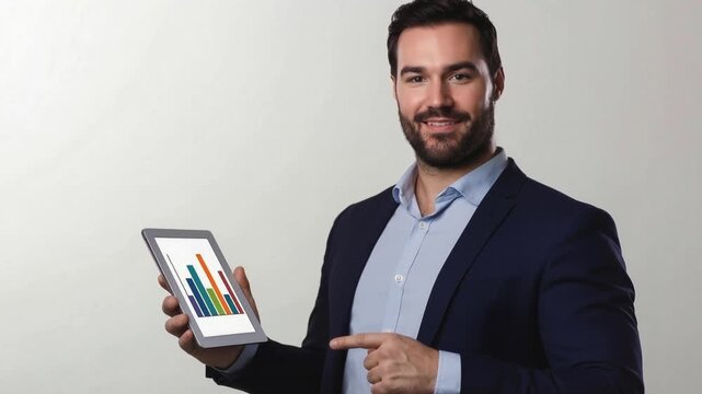 Professional Bearded Businessman in Suit Holding Tablet Displaying Colorful Bar Graph and Pointing at Results Against White Background