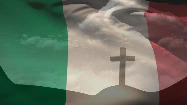 Animation starting, translucent tricolor flag waving and revealing cross to show symbolic branding