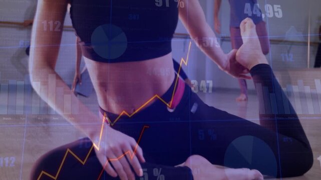 Lead woman starting seated fitness stretch, grasping foot, opening chest as animated charts overlay