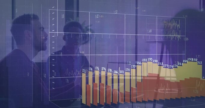 Two colleagues tapping tablet and watching animated business bar chart growing to show sales trends