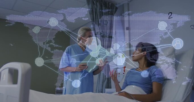 Nurse with clipboard reading medical notes, patient raising red device, map overlay linking records