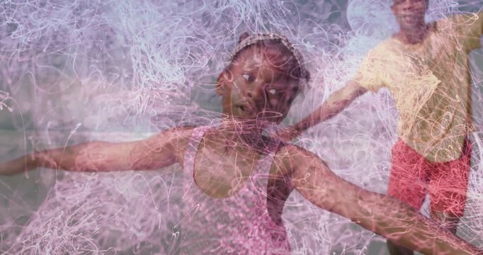 Girl balancing on beach starting pink scribble overlay wrapping dad then thinning for tech demo