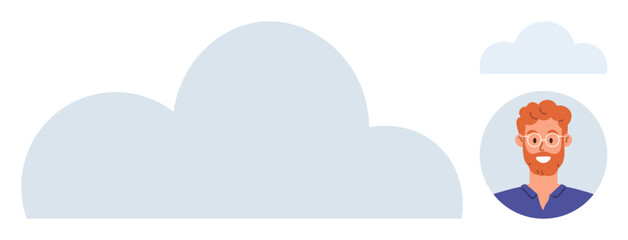 Cloud computing, digital networking, user profiles, tech solutions, online services, IT tools. Large cloud graphic with a profile portrait of a man. Cloud computing and digital networking © robu_s
