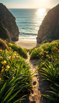 sea side sea mayweed blossom between  rocky cliff and blue ocean ,coastal path way surrounded by sea mayweed and rocky mountain