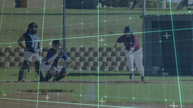Female batter swinging bat, running to first base while green grid tracking for sports analysis