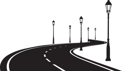 Curved road pathway with decorative boulevard street lamp silhouette on transparent background vector illustration © Sadek
