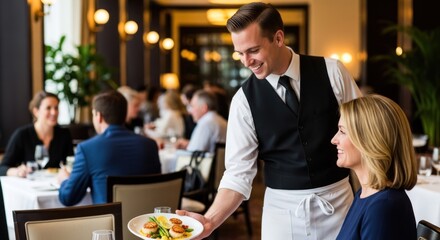 Obraz premium A smiling waiter serving a plate of food to a woman in a restaurant.