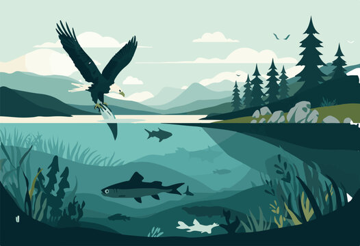 Vector illustration of eagle catching fish on transparent background in river cross section
