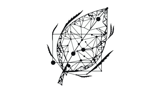 Leaf shaped by geometric nodes and lines depicts organic digital fusion.