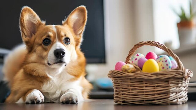 Adorable Pembroke Welsh Corgi resting on a table, curiously looking and sniffing at a wicker basket filled with colorful decorated eggs, embodying the spirit of the Easter holiday season