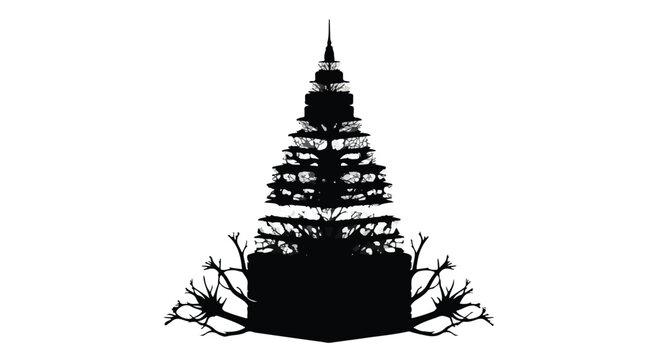 Skyscraper silhouette with bare branches symbolizes urban structural growth.