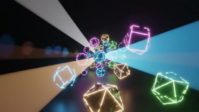 Neon Geometric Polyhedrons Floating Through Futuristic Tunnel.