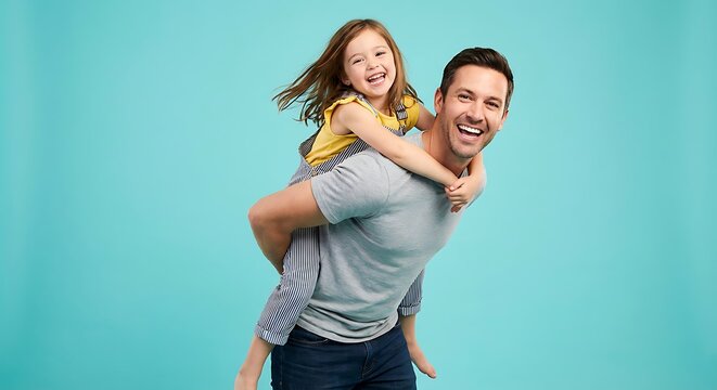 Cheerful Father Giving Piggyback Ride to His Cute Little Daughter Isolated on Turquoise Background for Father's Day Concept