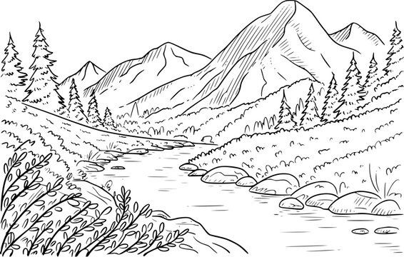 Hand drawn of a serene mountain landscape with a winding river and pine trees nature