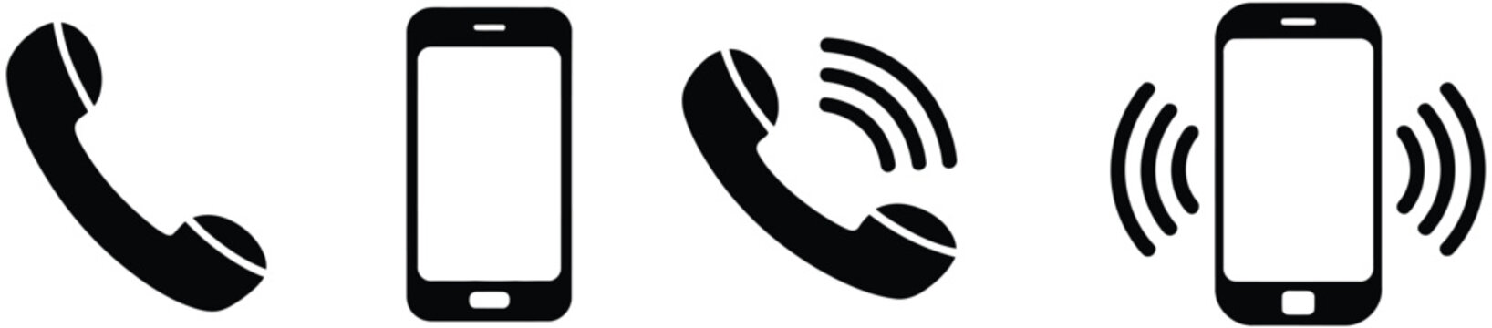 Ringing phone icon set, incoming call alert symbol collection, telephone notification and communication ringing sound concept, mobile call interface vector