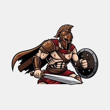 Fierce Spartan Warrior with Sword and Shield in Dynamic Pose.