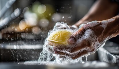 Fototapeta premium Close-up of hands washing dishes with soap and water in a sink.