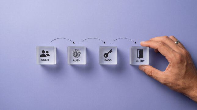 Digital Security Process: User Auth, Password, Entry Icons on Cubes
